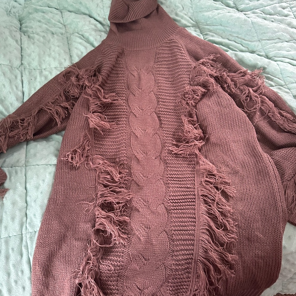 Brown Cowl Neck Sweater with Fringe Details